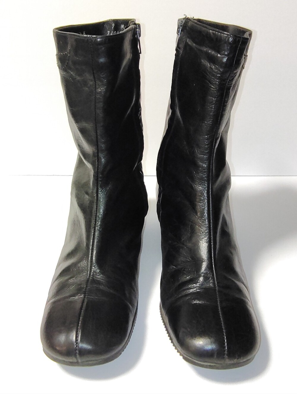 Florsheim Women's Vintage Black Leather Mid Calf Zip Block Heel Boots 70's Look - Picture 2 of 9